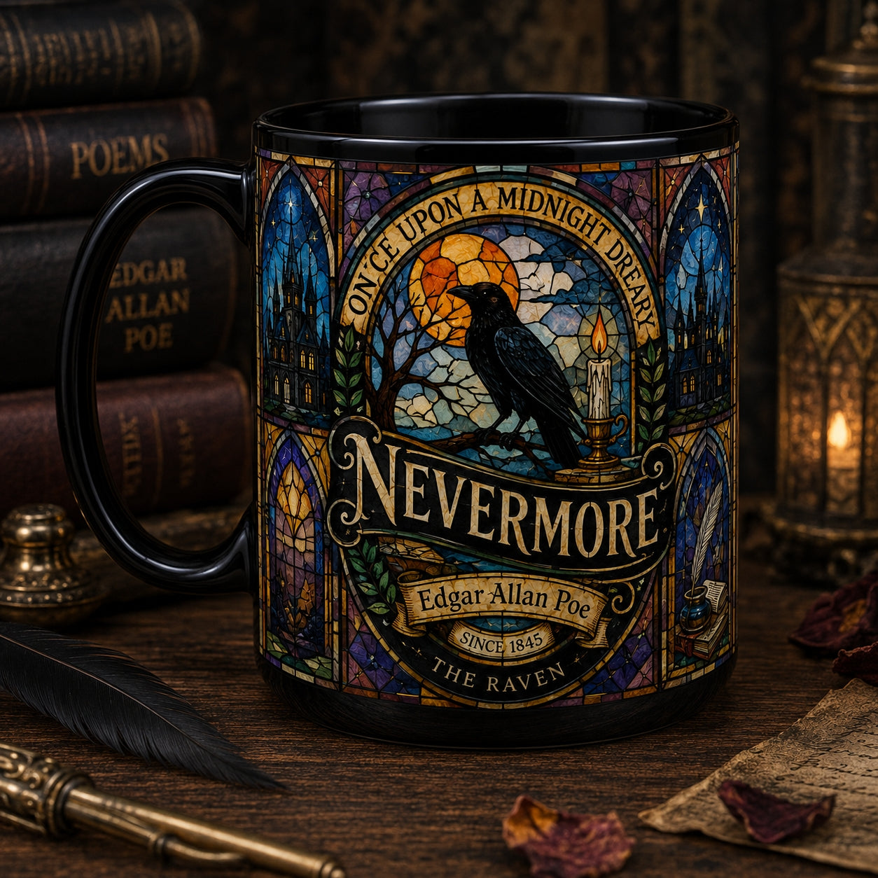 Edgar Allan Poe Raven Mug – Stained Glass Nevermore Gothic Ceramic Coffee Cup