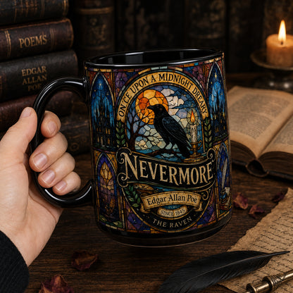 Edgar Allan Poe Raven Mug – Stained Glass Nevermore Gothic Ceramic Coffee Cup