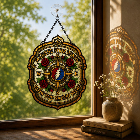 May The Four Winds Blow You Safely Home Stained Glass Suncatcher – Vintage Retro Sunshine Window Decor