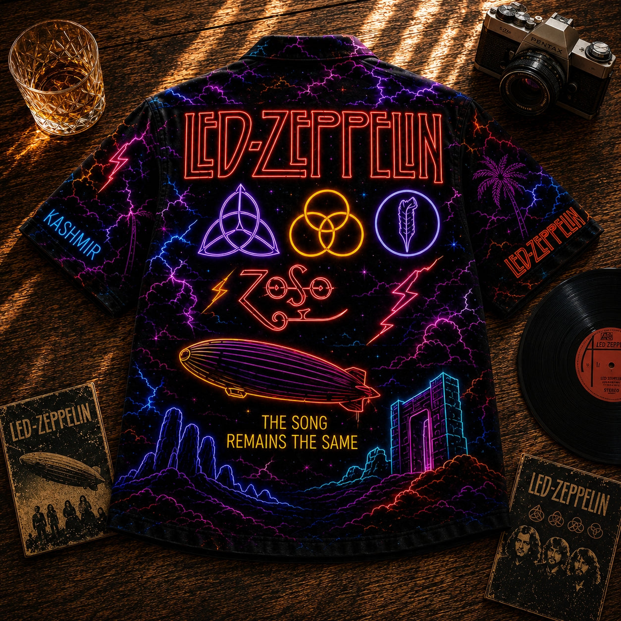 Led Zeppelin Neon Lightning Hawaiian Shirt – Rock & Roll Vintage Band Aloha Shirt