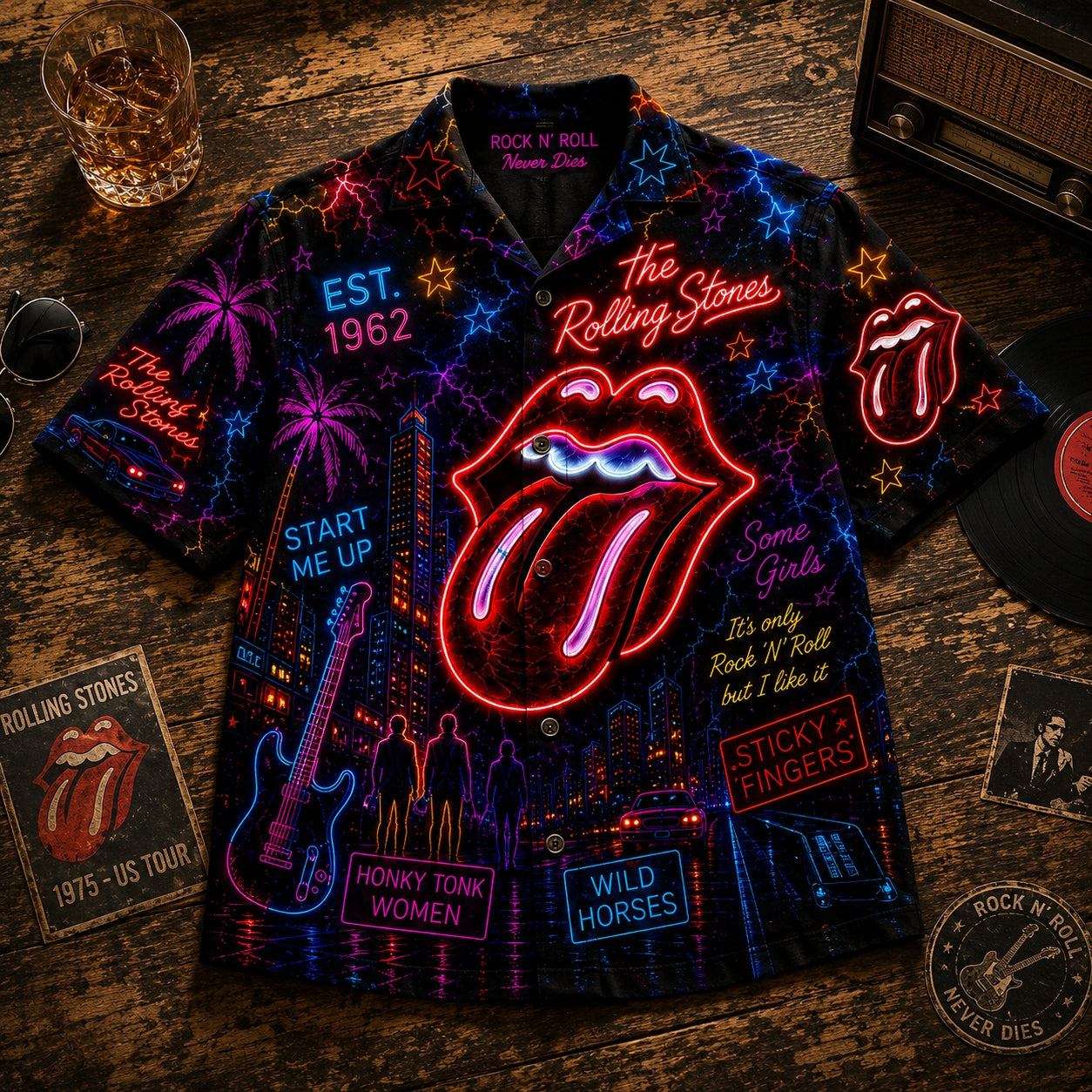 The Rolling Stones Neon City Hawaiian Shirt – Classic Rock Tongue Logo Aloha Shirt