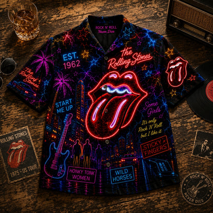 The Rolling Stones Neon City Hawaiian Shirt – Classic Rock Tongue Logo Aloha Shirt