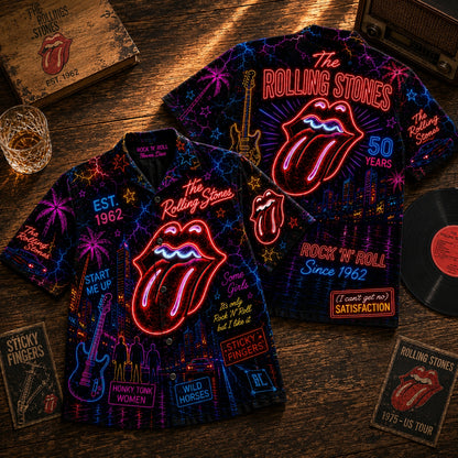 The Rolling Stones Neon City Hawaiian Shirt – Classic Rock Tongue Logo Aloha Shirt