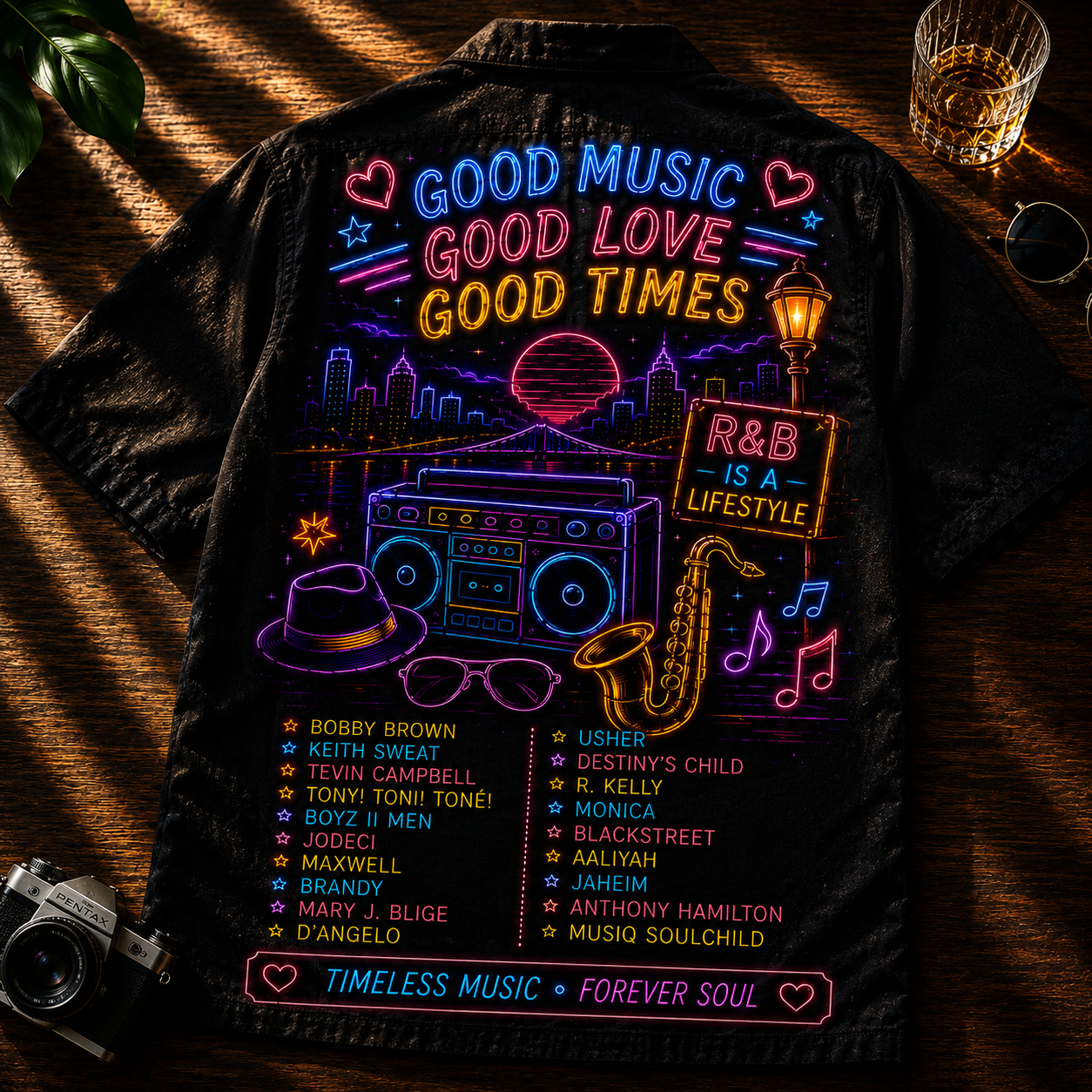 R&B Music Hawaiian Shirt - Unisex Neon Light Rhythm Blues Boombox Button Up