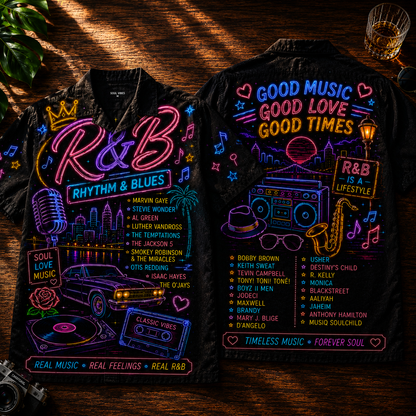 R&B Music Hawaiian Shirt - Unisex Neon Light Rhythm Blues Boombox Button Up