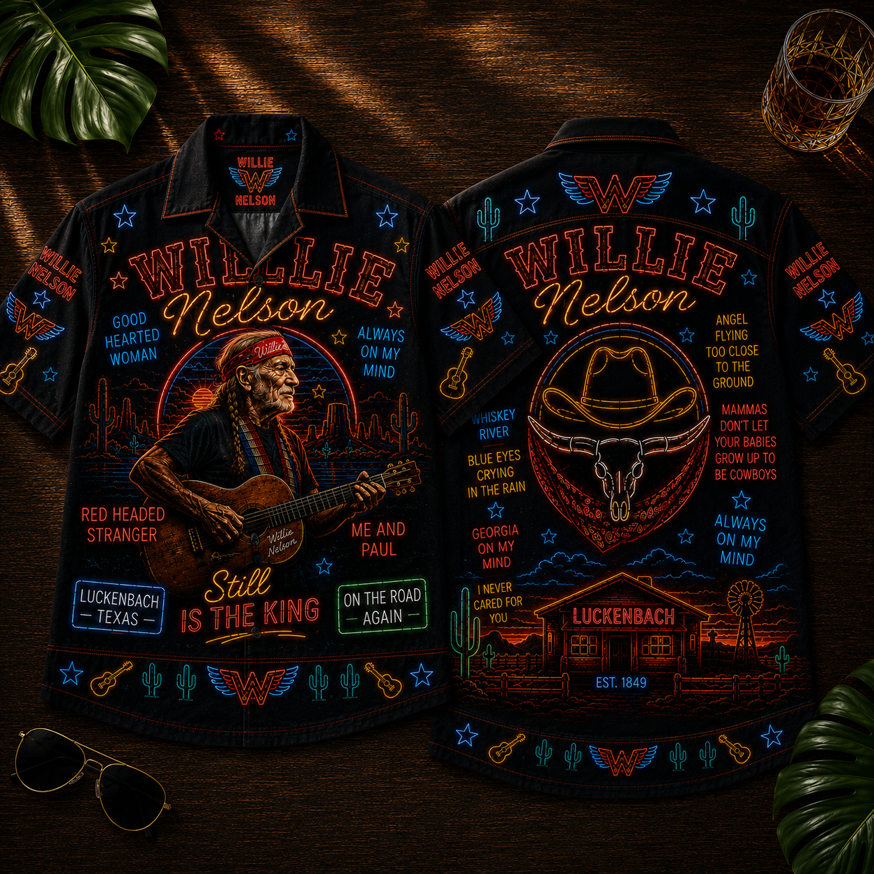 Willie Nelson Hawaiian Shirt - Unisex Neon Light Trigger Acoustic Guitar Button Up