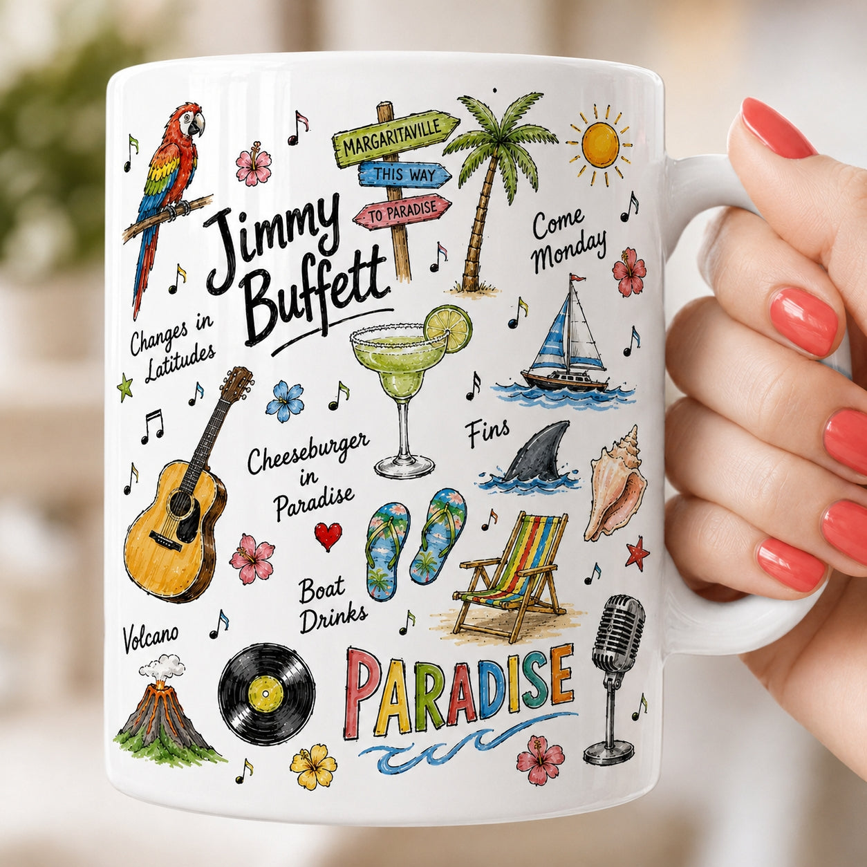Jimmy Buffett Sketch Mug, Margaritaville Coffee Mug, Tropical Beach Lover Cup, Island Music Fan Ceramic Mug