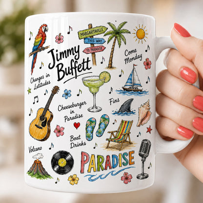 Jimmy Buffett Sketch Mug, Margaritaville Coffee Mug, Tropical Beach Lover Cup, Island Music Fan Ceramic Mug