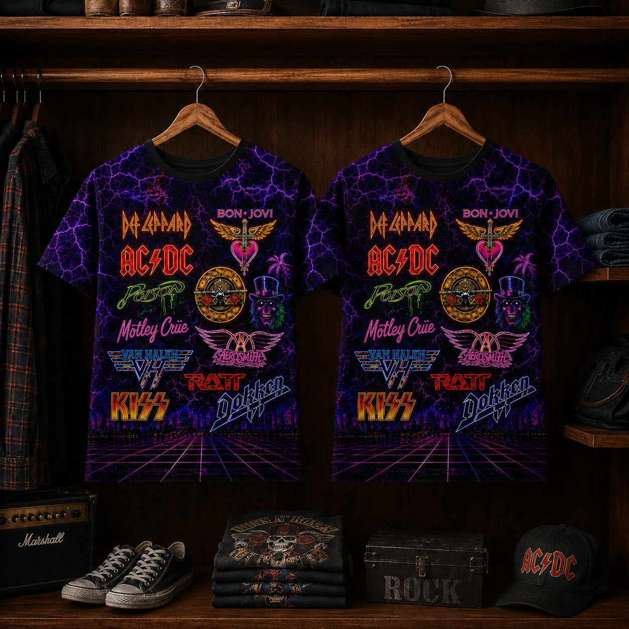 80s Rock Band Legends Graphic Tee – All-Over Print Electric Lightning Streetwear Shirt
