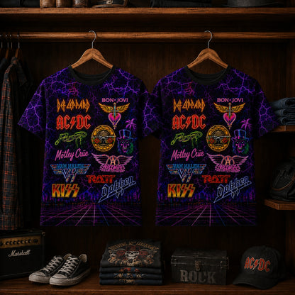 80s Rock Band Legends Graphic Tee – All-Over Print Electric Lightning Streetwear Shirt