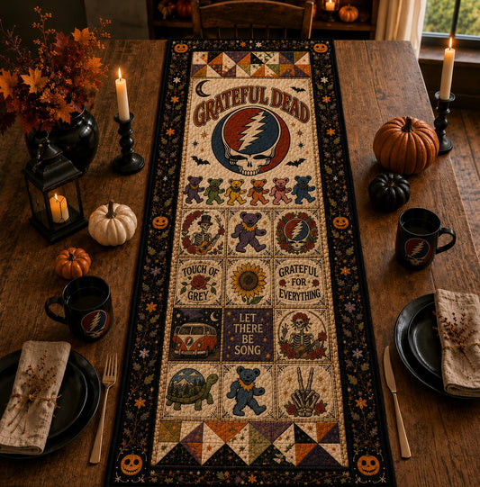 Grateful Dead Halloween Table Runner, Dancing Bears Quilted Table Runner, Vintage Deadhead Fall Table Decor, Steal Your Face Table Topper, Gift for Grateful Dead Fans