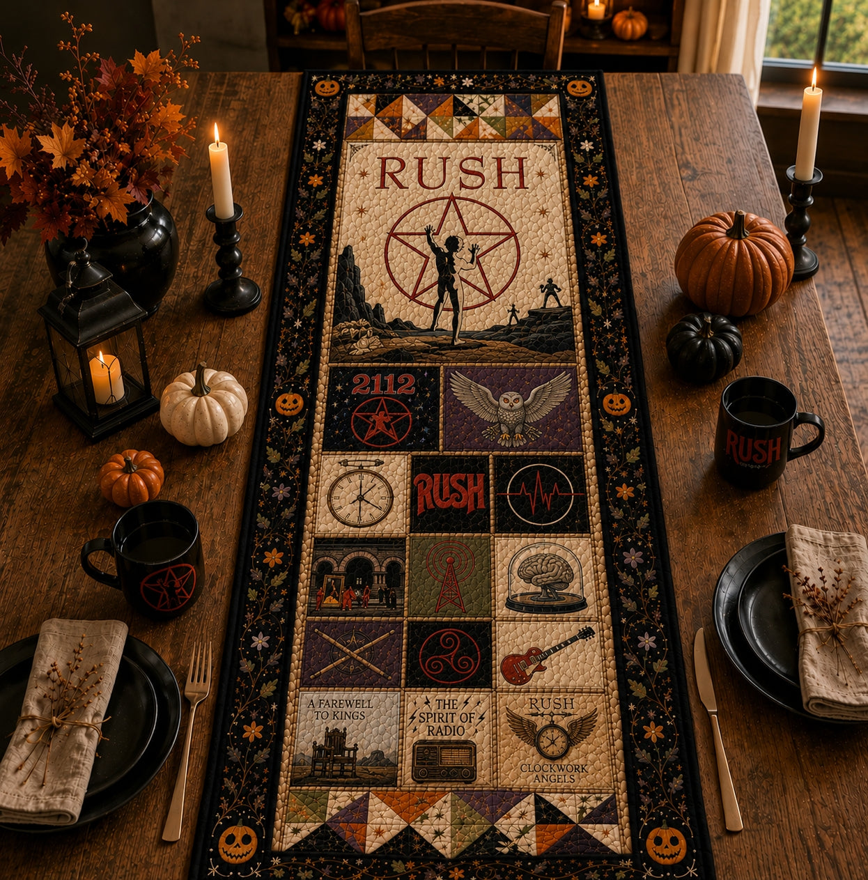 Rush Halloween Table Runner, 2112 Quilted Table Runner, Classic Progressive Rock Fall Table Decor, Spirit of Radio Dining Table Runner, Gift for Rush Fans