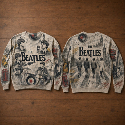 Retro The Beatles Pencil Sketch Art Sweatshirt - 60s British Rock Portrait Jumper
