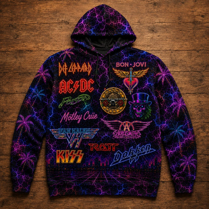 Vintage 80s Rock Band Graphic All-Over Print Hoodie - Heavy Metal Retro Streetwear