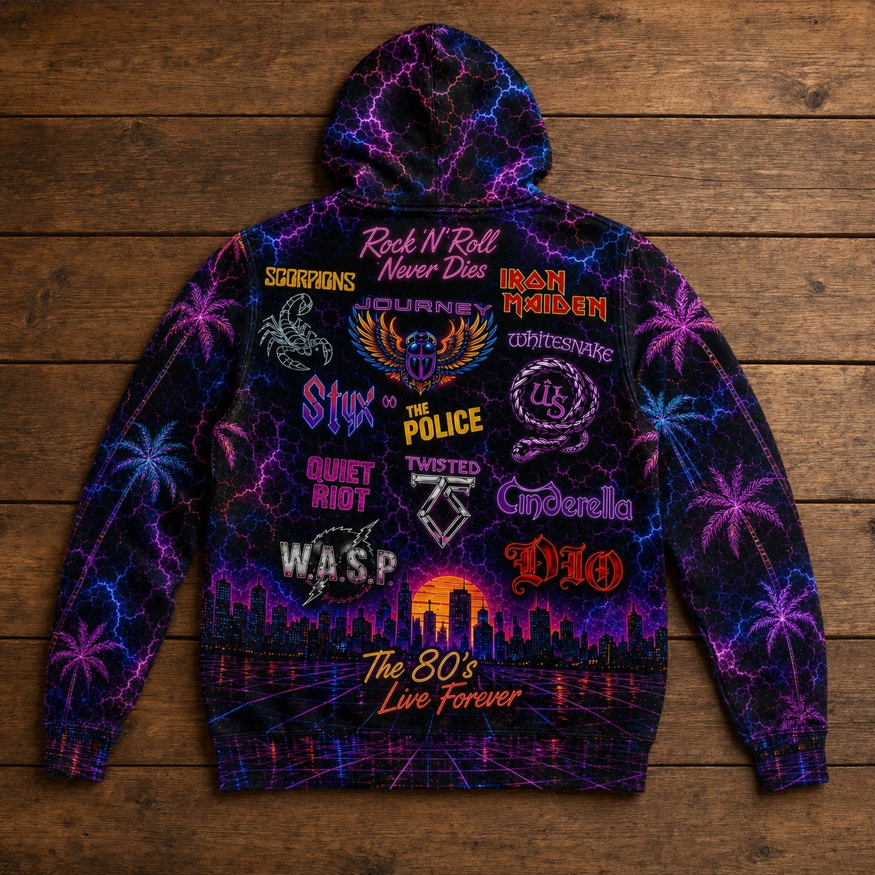 Vintage 80s Rock Band Graphic All-Over Print Hoodie - Heavy Metal Retro Streetwear