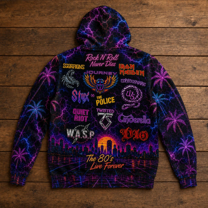Vintage 80s Rock Band Graphic All-Over Print Hoodie - Heavy Metal Retro Streetwear
