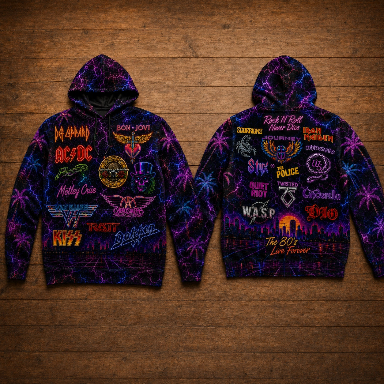 Vintage 80s Rock Band Graphic All-Over Print Hoodie - Heavy Metal Retro Streetwear