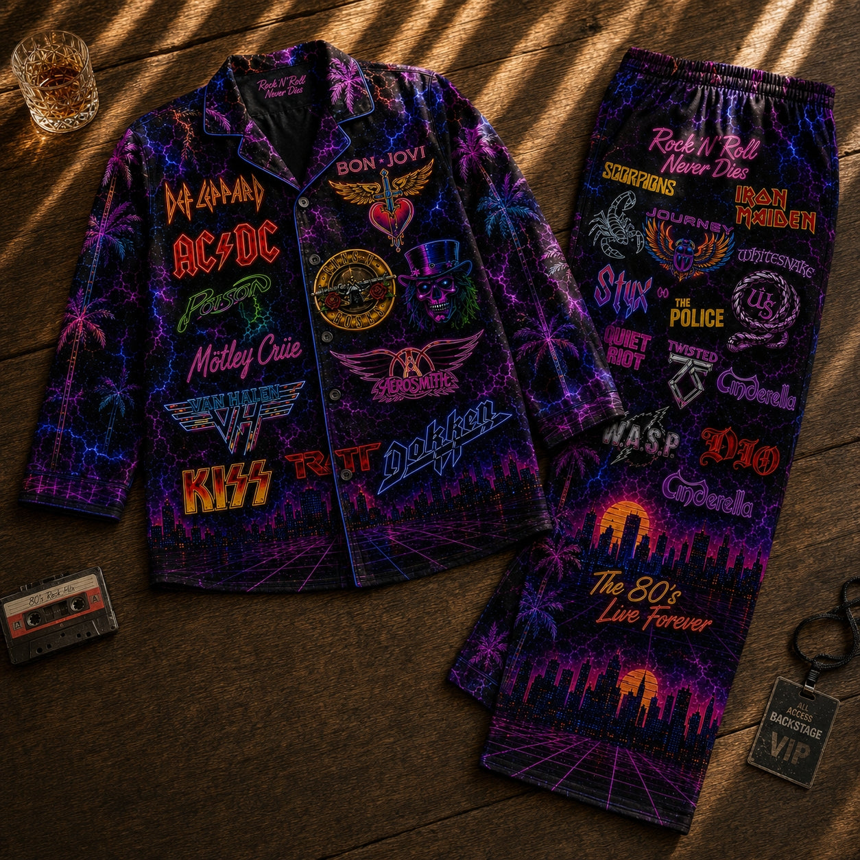 Vintage 80s Rock Band Neon Pajama Set – Retro Heavy Metal Sleepwear for Men & Women