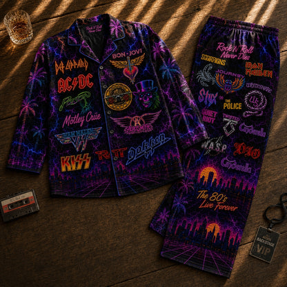 Vintage 80s Rock Band Neon Pajama Set – Retro Heavy Metal Sleepwear for Men & Women
