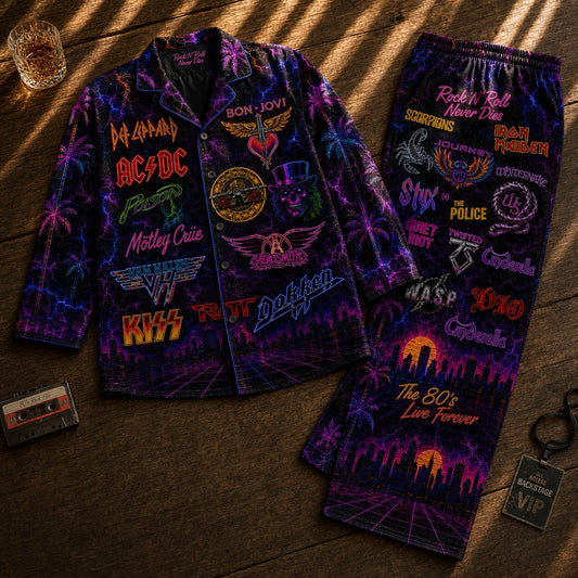 Vintage 80s Rock Band Neon Pajama Set – Retro Heavy Metal Sleepwear for Men & Women