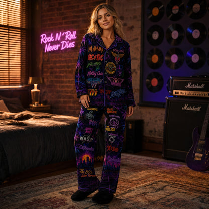 Vintage 80s Rock Band Neon Pajama Set – Retro Heavy Metal Sleepwear for Men & Women