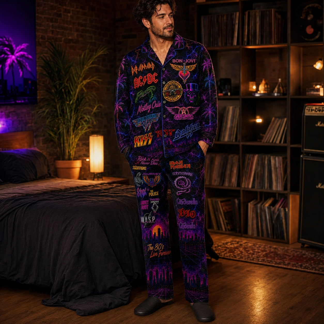 Vintage 80s Rock Band Neon Pajama Set – Retro Heavy Metal Sleepwear for Men & Women