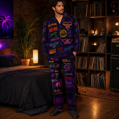 Vintage 80s Rock Band Neon Pajama Set – Retro Heavy Metal Sleepwear for Men & Women