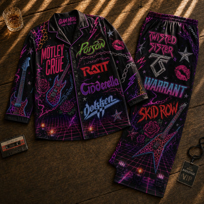 80s Glam Metal Neon Pajama Set – Retro Hair Metal Band Sleepwear for Men & Women