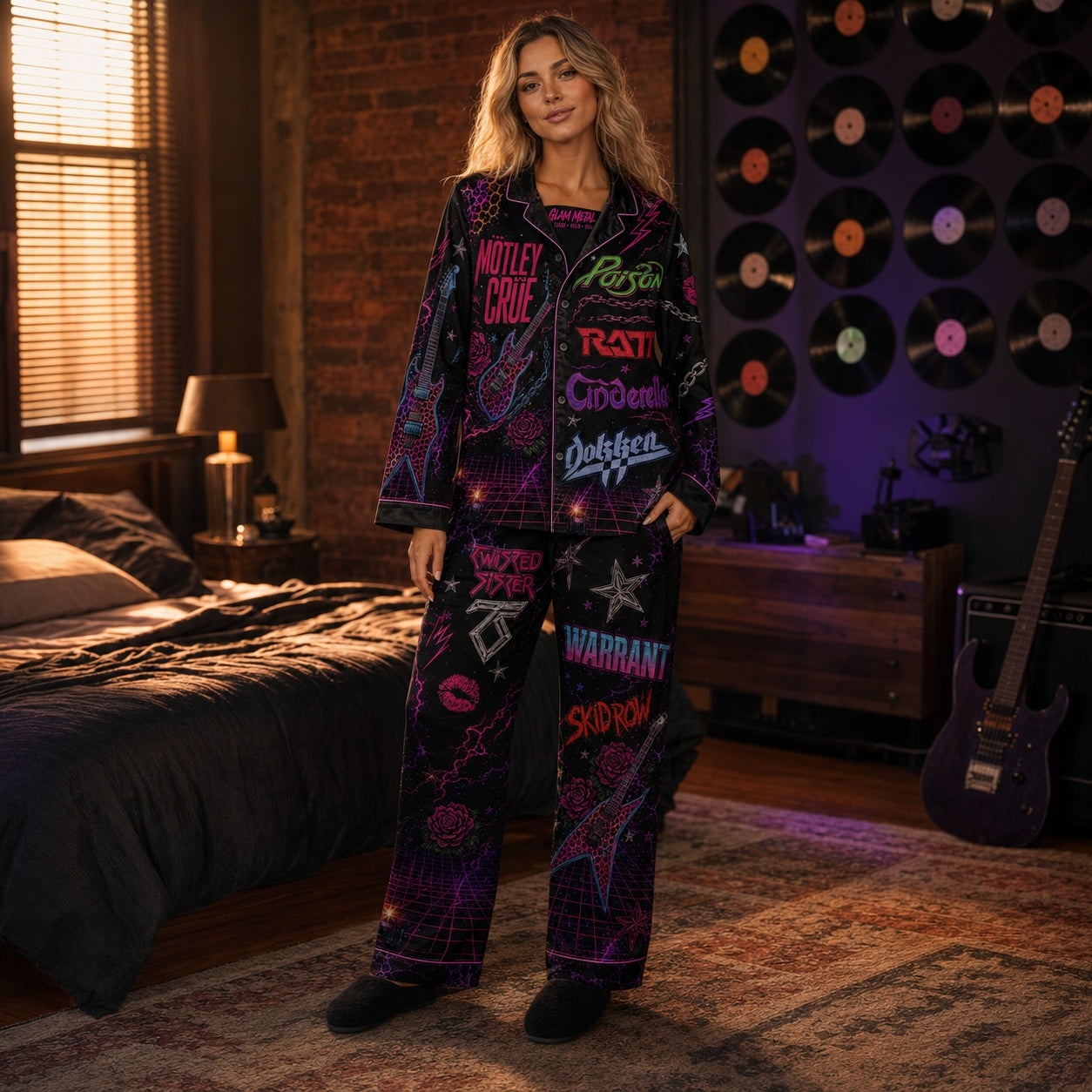 80s Glam Metal Neon Pajama Set – Retro Hair Metal Band Sleepwear for Men & Women