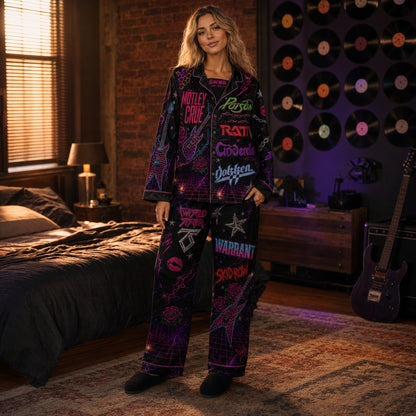 80s Glam Metal Neon Pajama Set – Retro Hair Metal Band Sleepwear for Men & Women