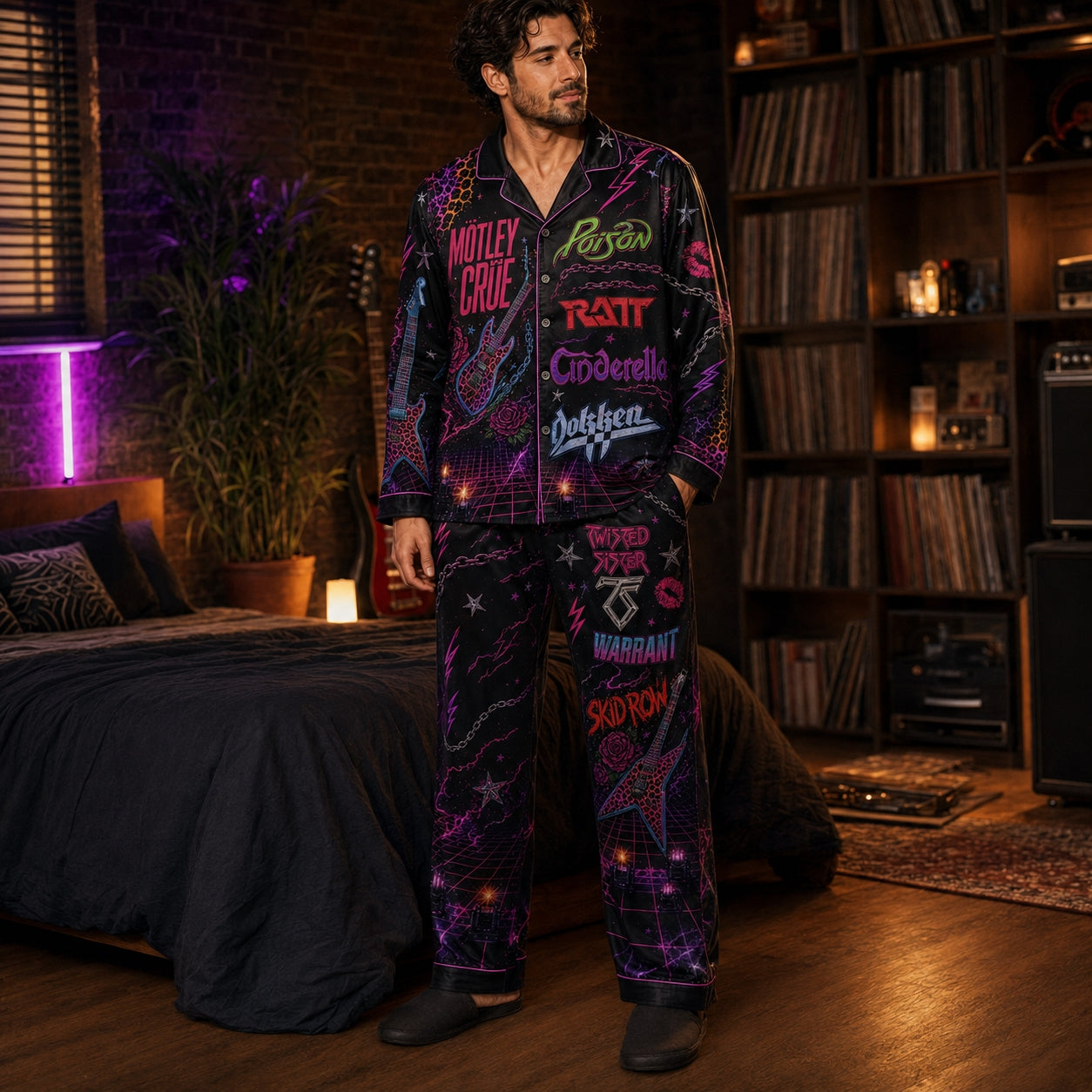 80s Glam Metal Neon Pajama Set – Retro Hair Metal Band Sleepwear for Men & Women