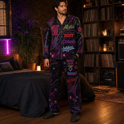 80s Glam Metal Neon Pajama Set – Retro Hair Metal Band Sleepwear for Men & Women