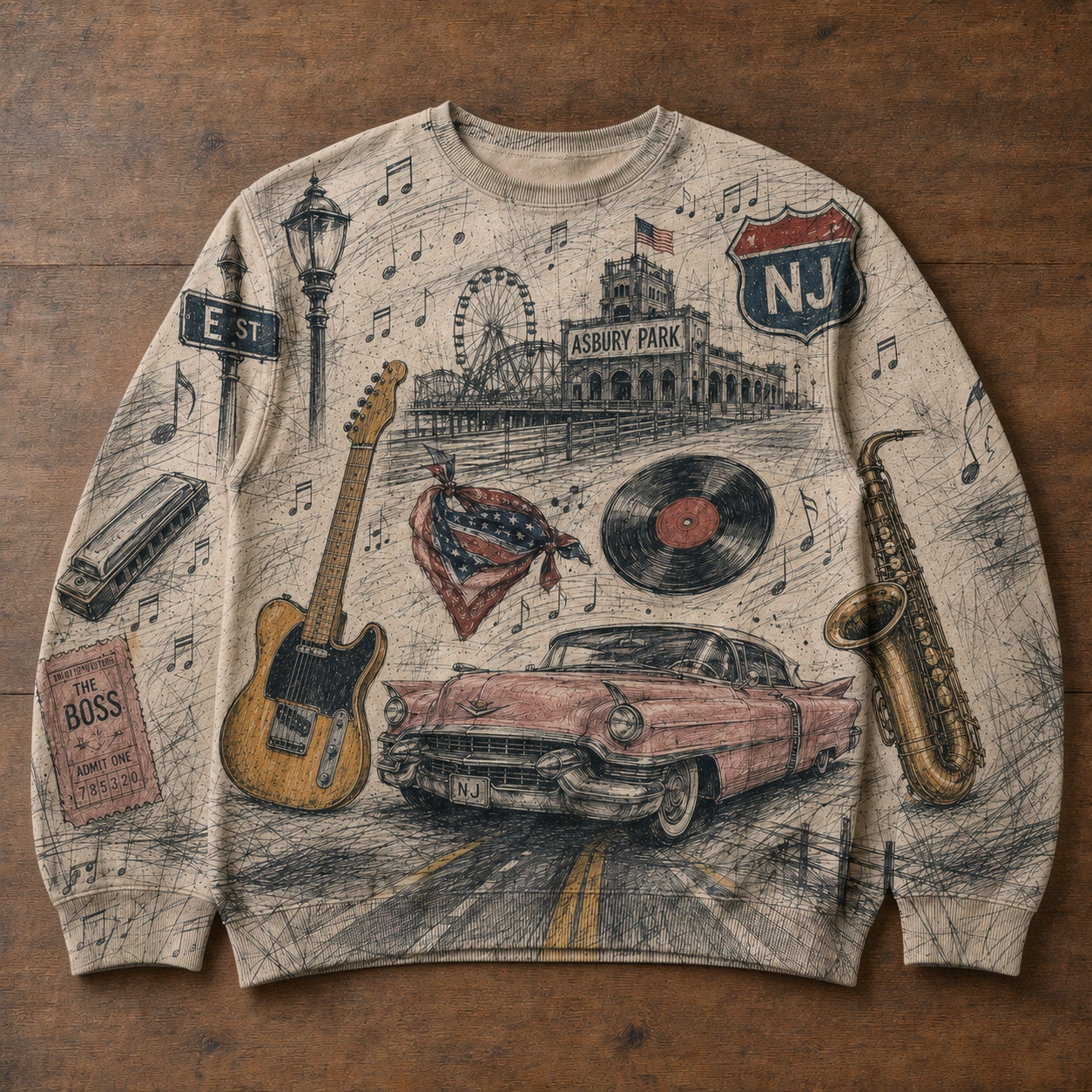 Bruce Springsteen NJ Sweatshirt - Retro Boss Rock N Roll Graphic Pullover Crewneck