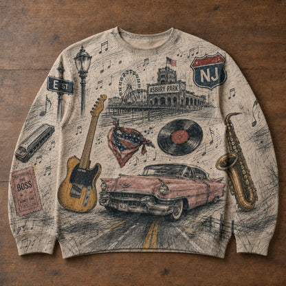Bruce Springsteen NJ Sweatshirt - Retro Boss Rock N Roll Graphic Pullover Crewneck