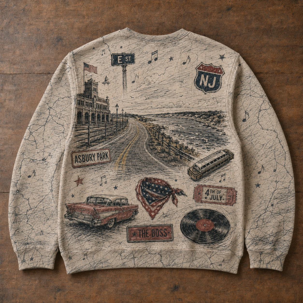 Bruce Springsteen NJ Sweatshirt - Retro Boss Rock N Roll Graphic Pullover Crewneck