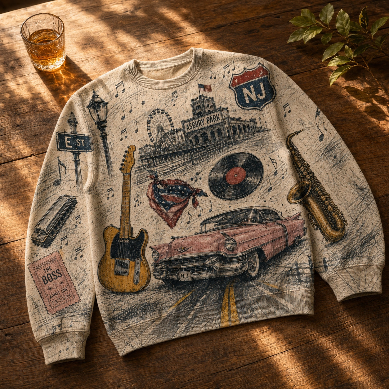 Bruce Springsteen NJ Sweatshirt - Retro Boss Rock N Roll Graphic Pullover Crewneck