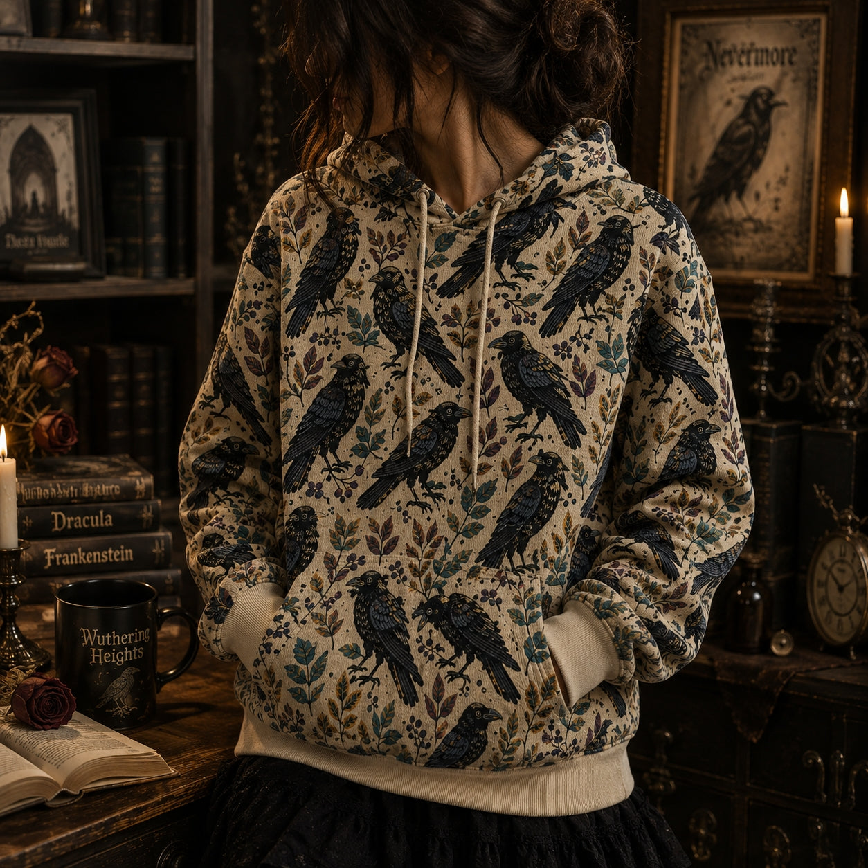 The Raven by Edgar Allan Poe All Over Print Hoodie – Nevermore Gothic Raven Literary Hoodie