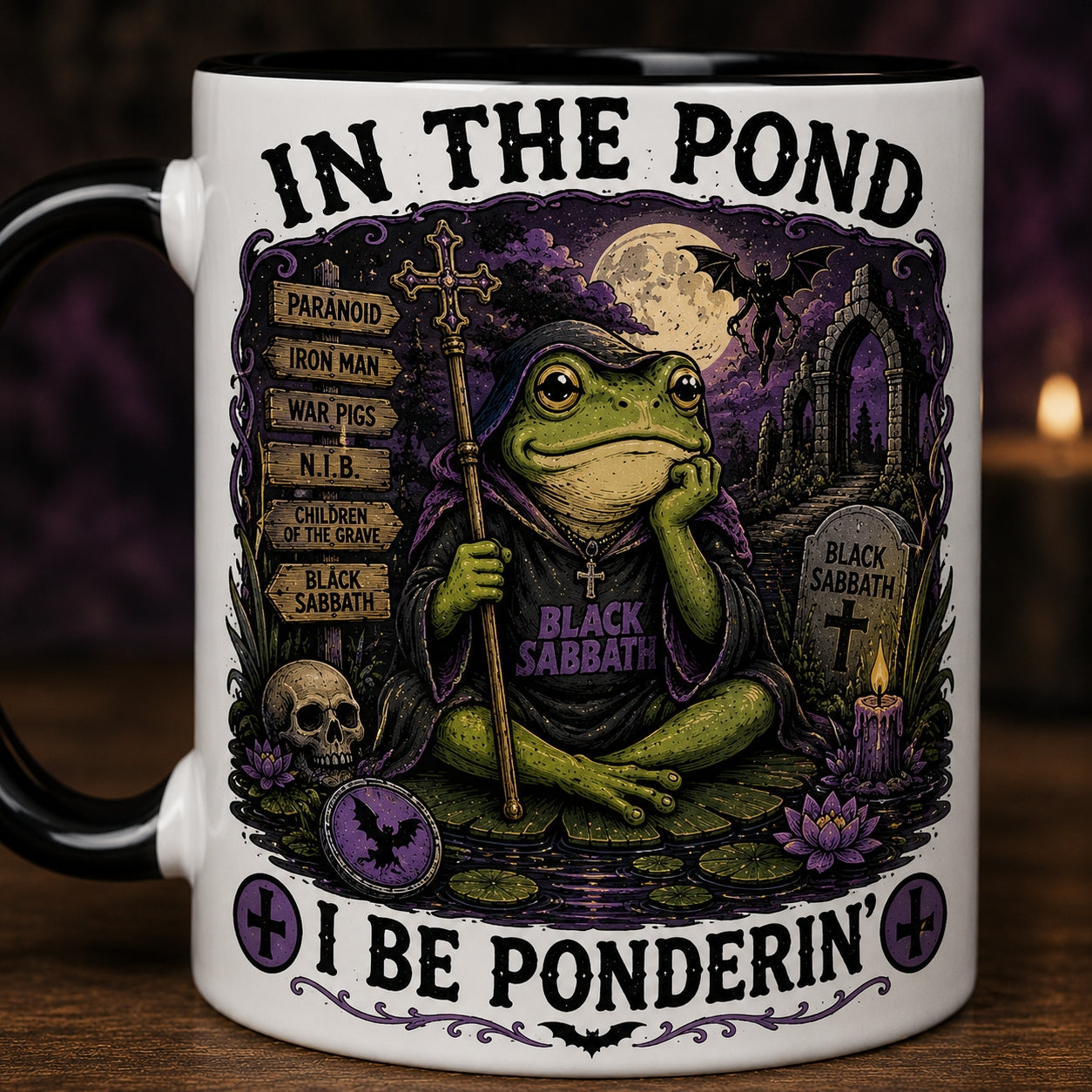 Black Sabbath Frog Ceramic Mug – In The Pond I Be Ponderin Paranoid Heavy Metal Fan Gift