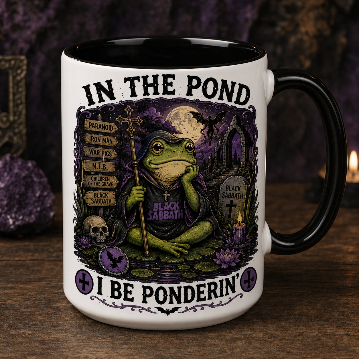 Black Sabbath Frog Ceramic Mug – In The Pond I Be Ponderin Paranoid Heavy Metal Fan Gift