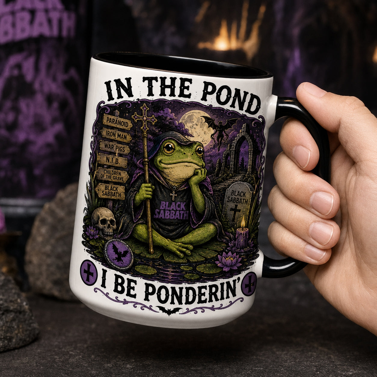 Black Sabbath Frog Ceramic Mug – In The Pond I Be Ponderin Paranoid Heavy Metal Fan Gift