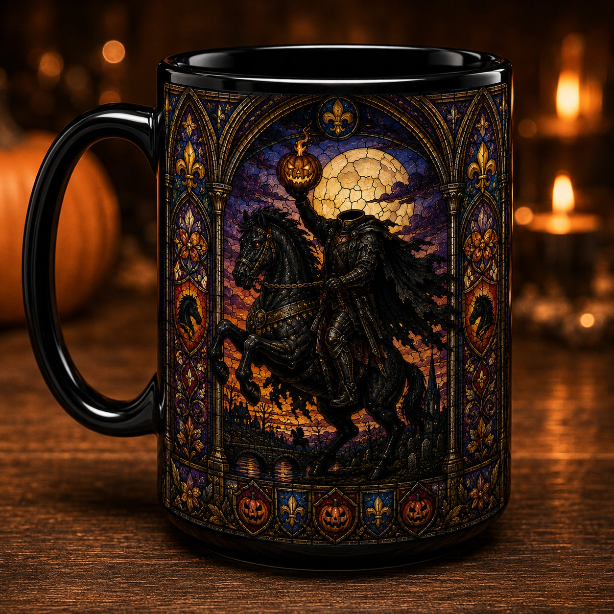 Headless Horseman Mug – Stained Glass Sleepy Hollow Halloween Ceramic Coffee Cup