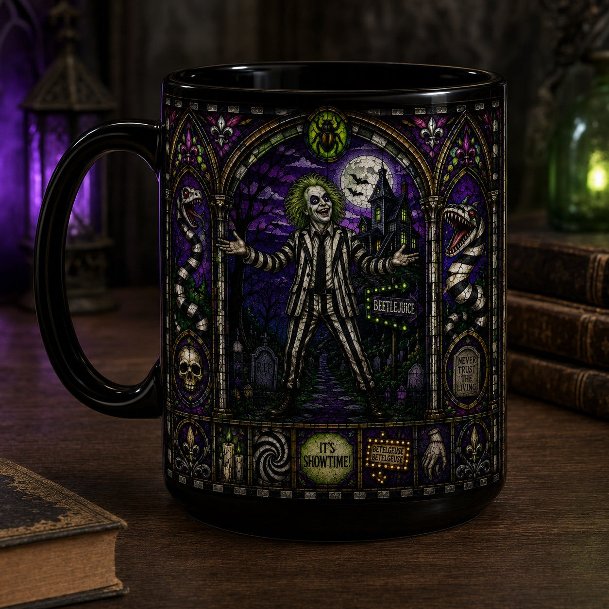 Beetlejuice Mug – Stained Glass Its Showtime Horror Comedy Ceramic Coffee Cup