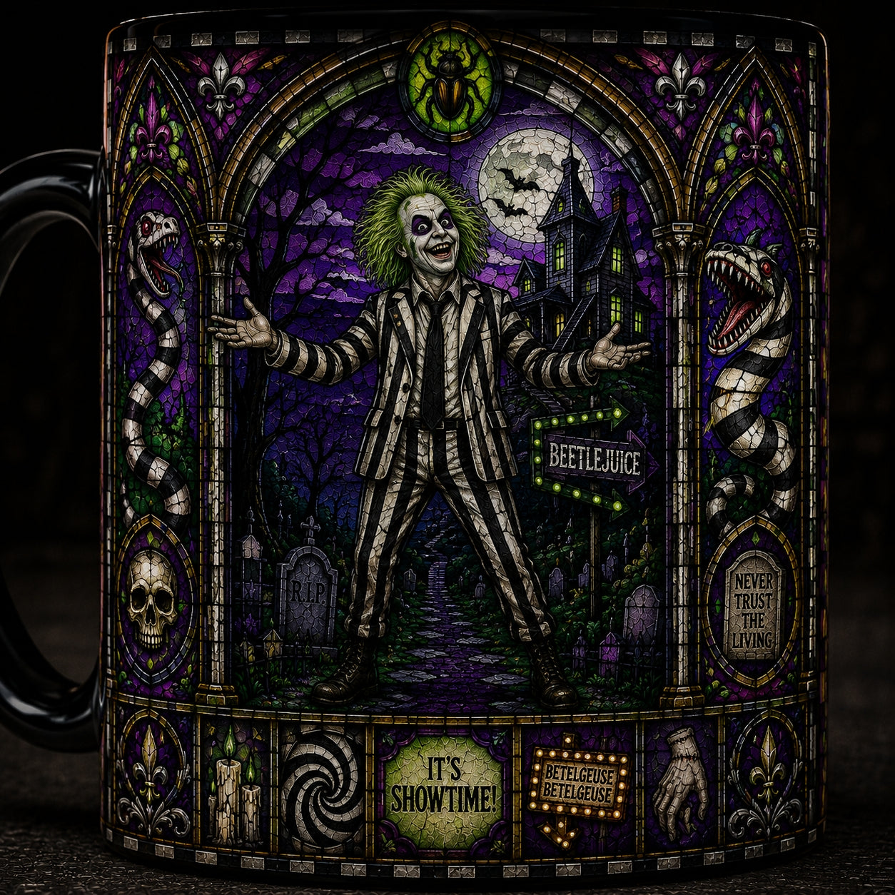 Beetlejuice Mug – Stained Glass Its Showtime Horror Comedy Ceramic Coffee Cup