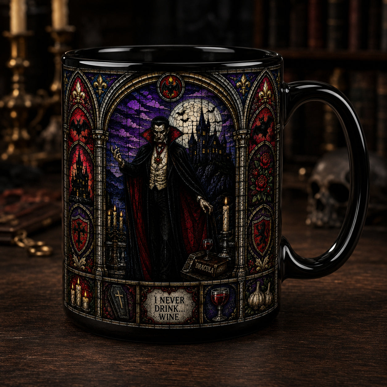 Count Dracula Mug – Stained Glass Vampire I Never Drink Wine Ceramic Coffee Cup