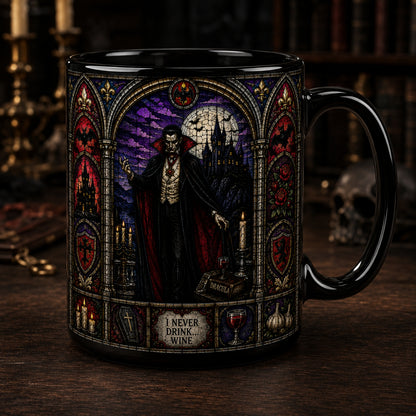 Count Dracula Mug – Stained Glass Vampire I Never Drink Wine Ceramic Coffee Cup