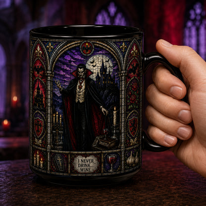 Count Dracula Mug – Stained Glass Vampire I Never Drink Wine Ceramic Coffee Cup