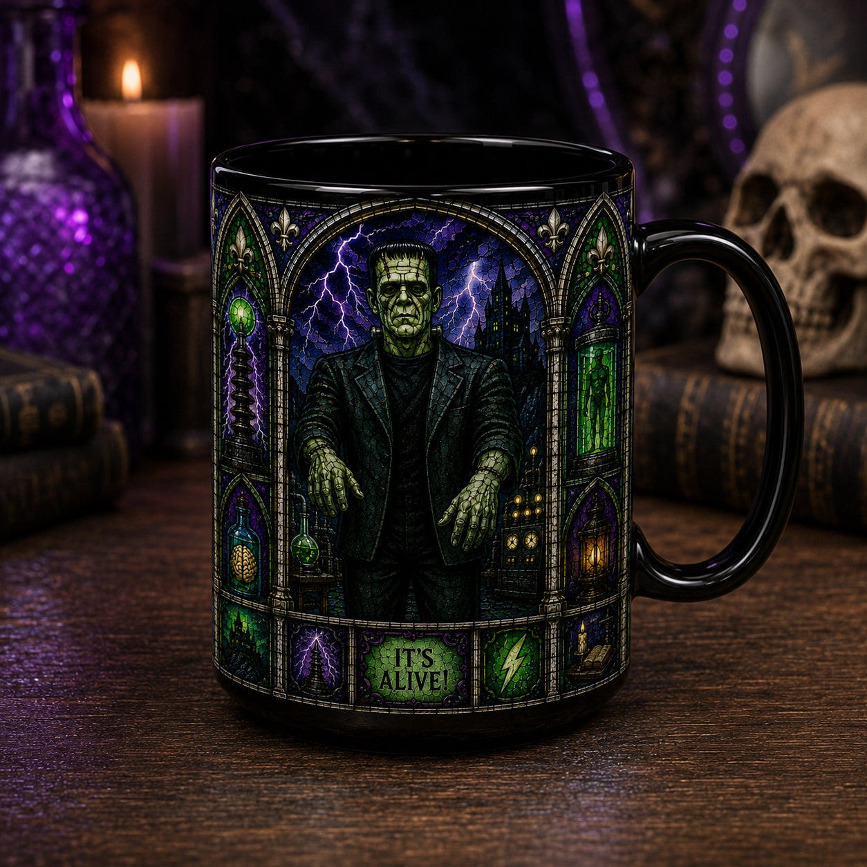 Frankenstein Monster Mug – Stained Glass Its Alive Horror Ceramic Coffee Cup