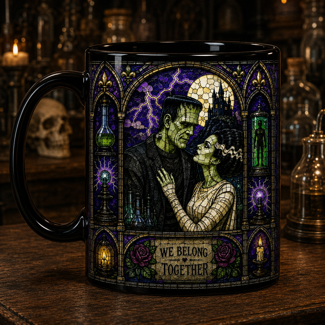 Bride Of Frankenstein Mug – Stained Glass We Belong Together Gothic Couple Ceramic Coffee Cup