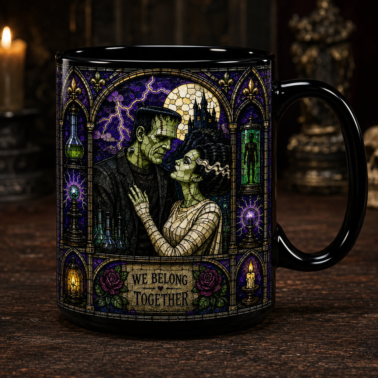 Bride Of Frankenstein Mug – Stained Glass We Belong Together Gothic Couple Ceramic Coffee Cup