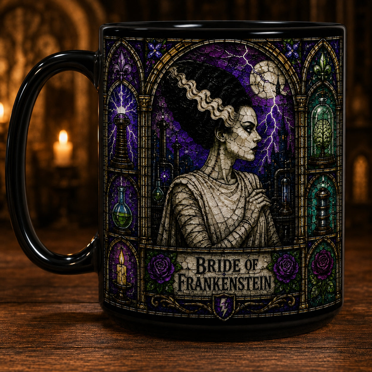 Bride Of Frankenstein Mug – Stained Glass Gothic Horror Queen Ceramic Coffee Cup